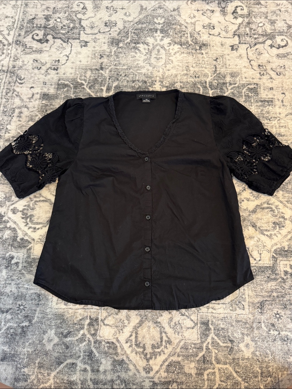 Sanctuary 100% Cotton- Button Front Blouse with Crochet Puff Sleeves